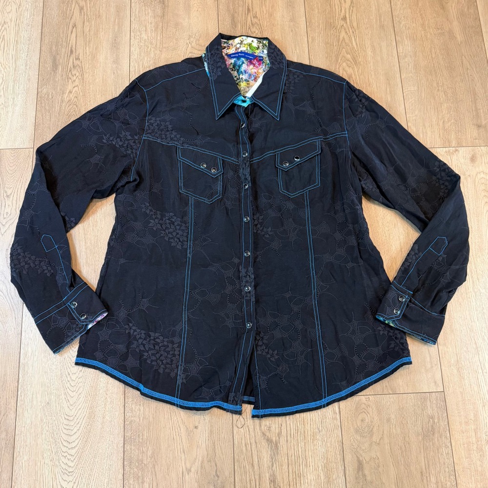 Georg Roth Los Angeles Mens XXL Black Floral Embroidered Western Shirt Turquoise